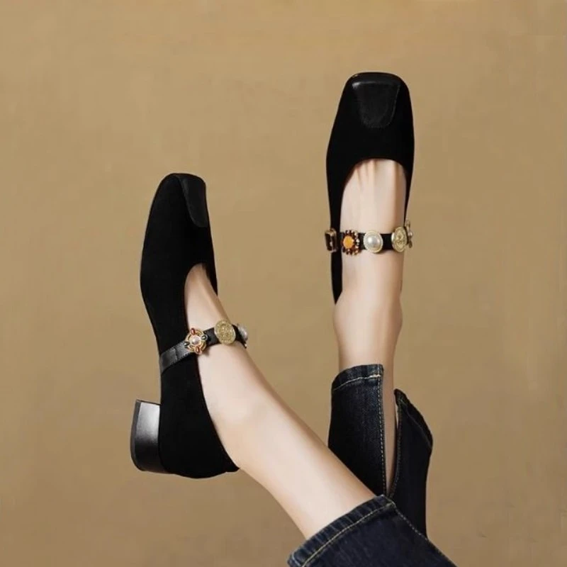 软皮2025新款法式复古方头粗跟单鞋女一脚蹬玛丽珍鞋小香风平底鞋