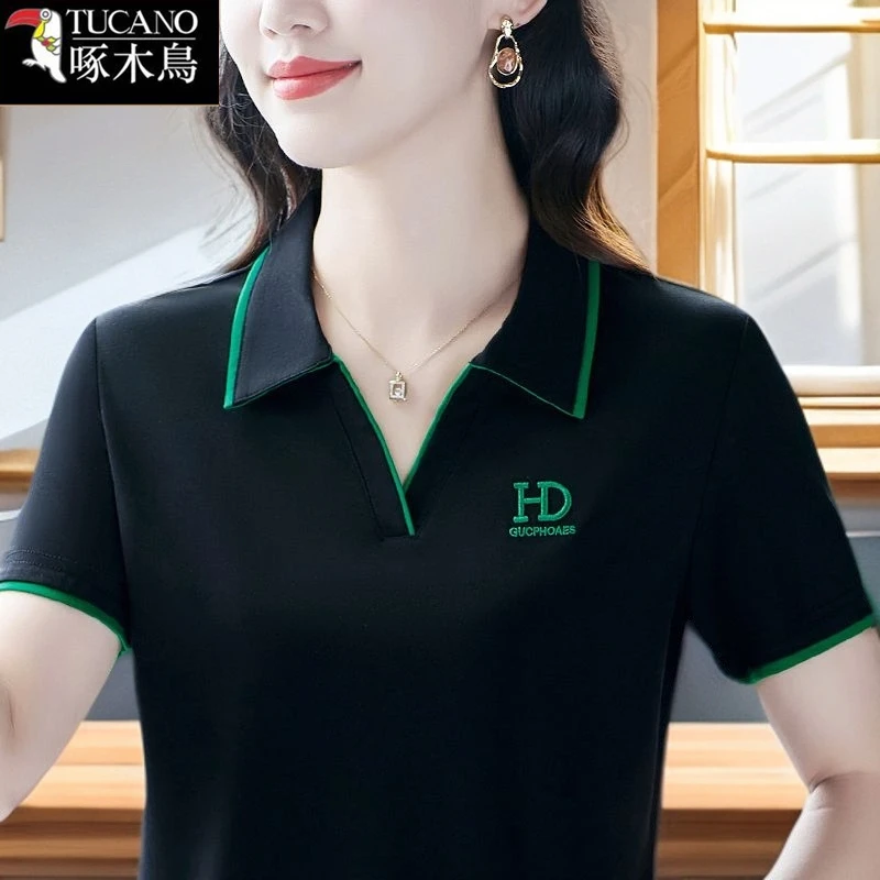 啄木鸟新款刺绣短袖t恤女修身高级感2025年夏季气质翻领拼色上衣