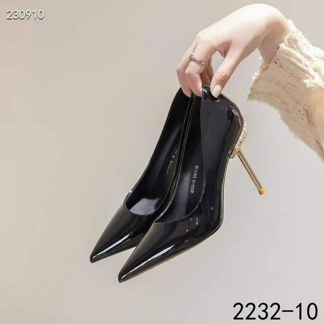 新款尖头气质珍珠金属细高跟宴会浅口单鞋2232-10