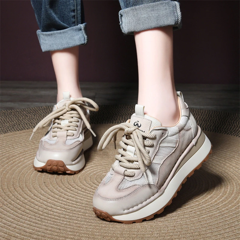 头层牛皮透网鞋女真皮大网孔透气厚底潮小个子春夏百搭运动休闲鞋