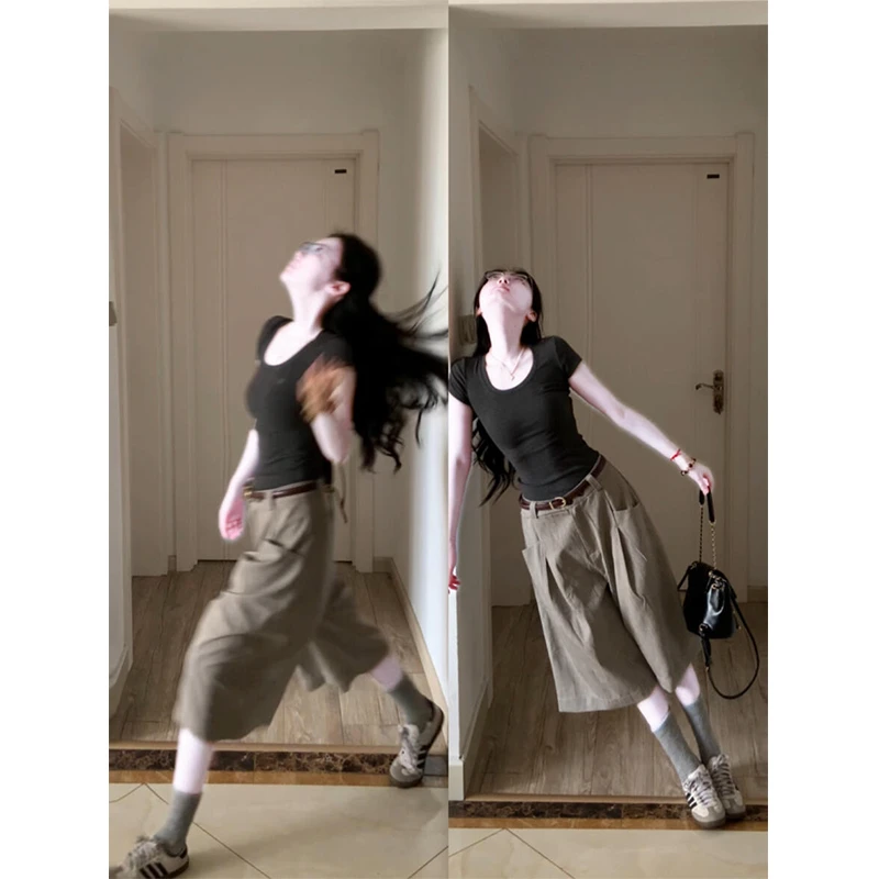 parkyeon夏季新款美式U领短袖T恤上衣气质高腰七分阔腿休闲裤套装