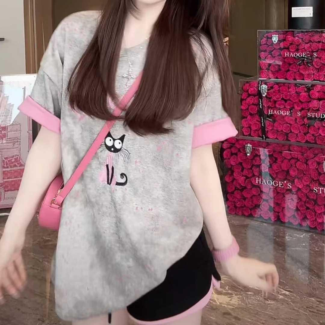 设计感少女风时尚宽松显瘦短袖女2025夏季新款卡通百搭减龄上衣