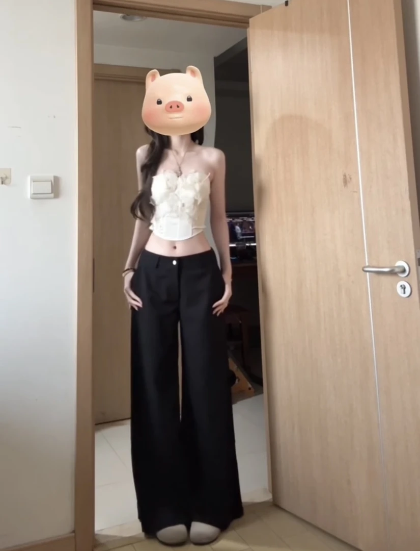 2025夏季法式辣妹纯欲风立体花朵抹胸上衣女高腰阔腿休闲裤两件套