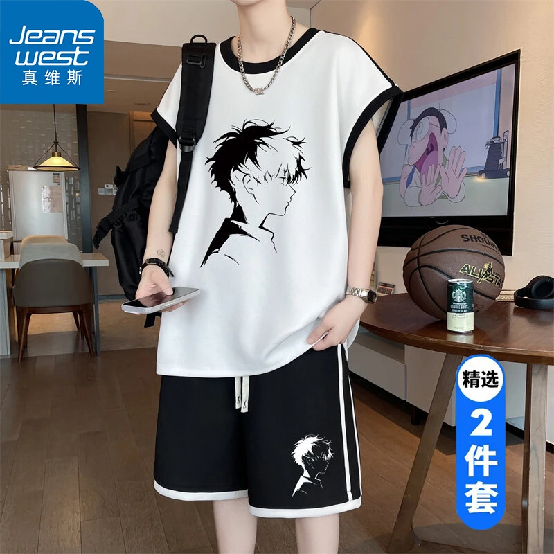 Jeanswest/真维斯夏季套装男2025青少年学生港风坎肩背心短裤两件