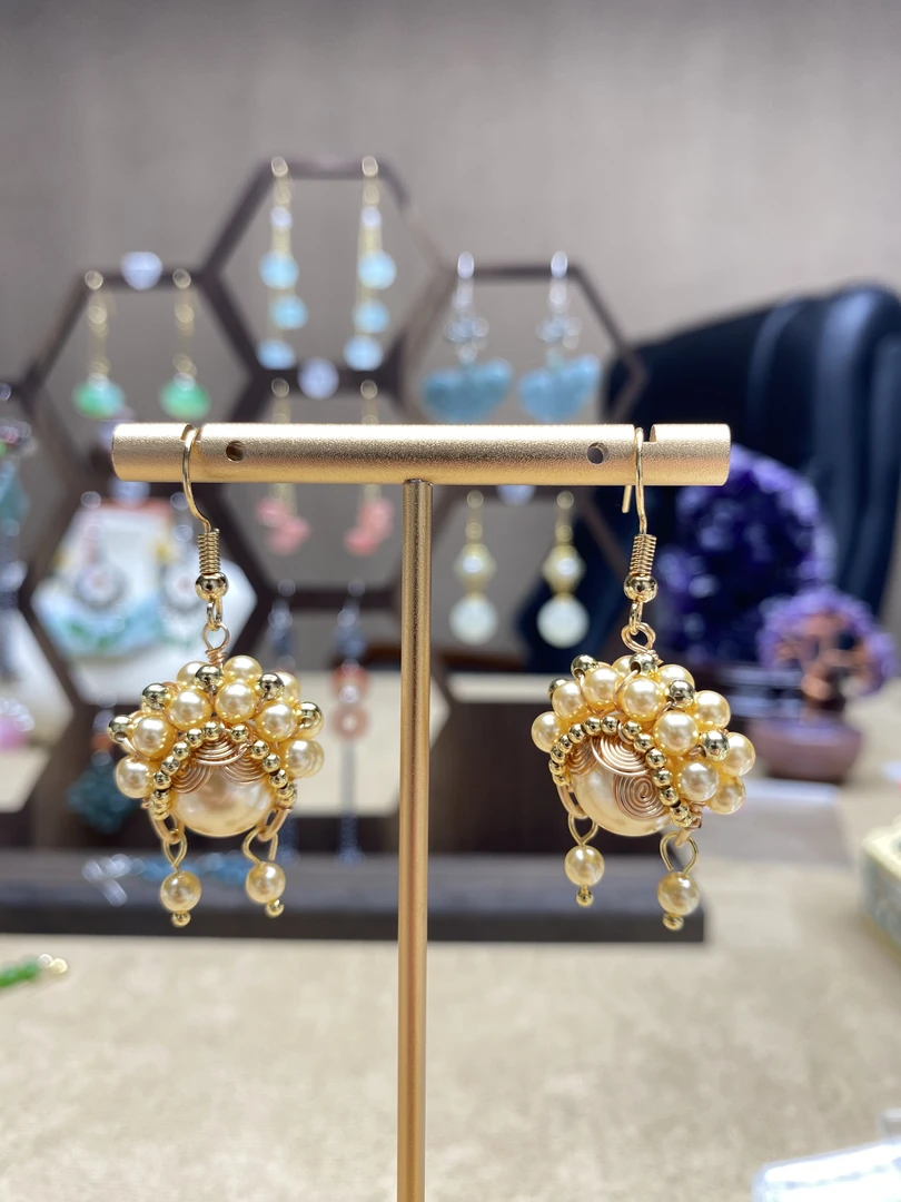 精美金色贝珠刀马旦手工编制京剧国粹脸原创耳饰T228