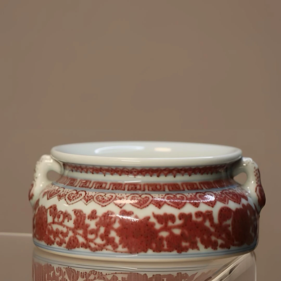 景德镇釉里红手绘双耳陶瓷器