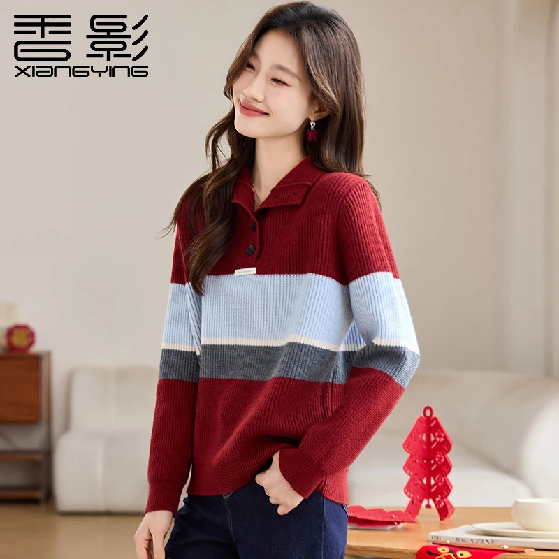 X.YING/香影折扣女装红色条纹撞色针织衫半高领显瘦休闲毛衣上衣