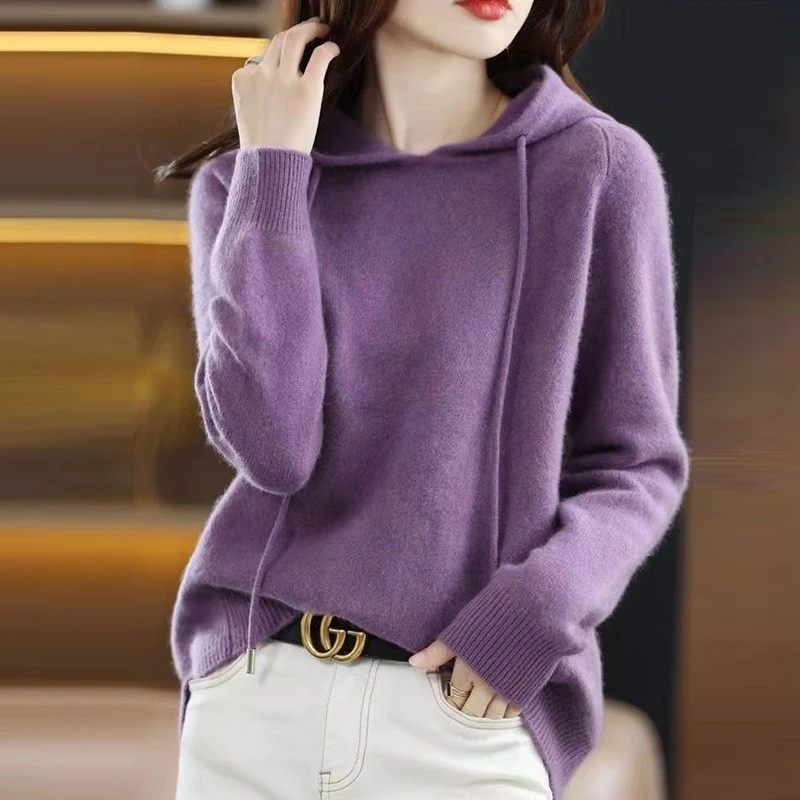 大码女装连帽羊绒衫女针织毛衣春秋新款时尚休闲减龄羊毛上衣外套