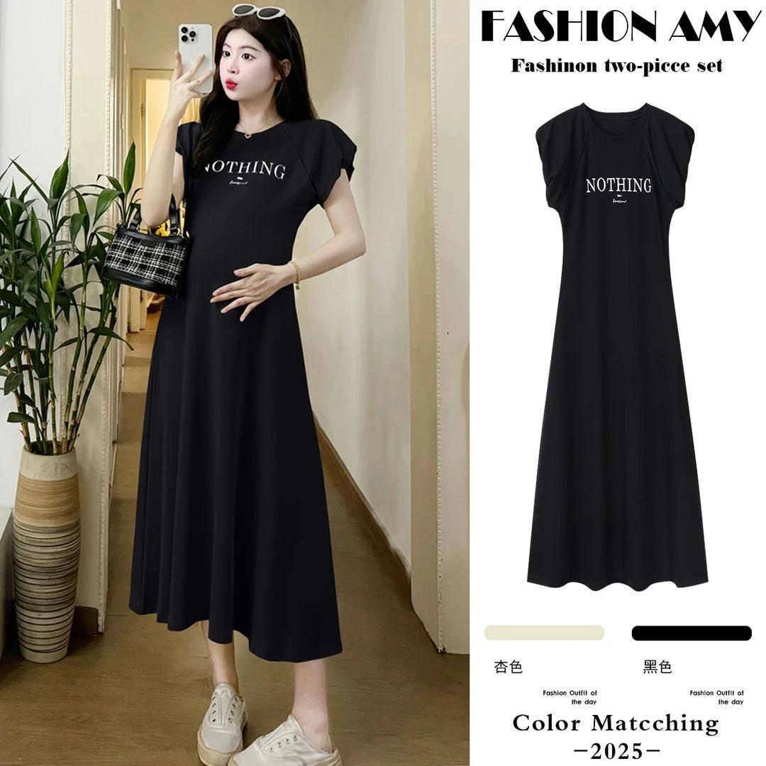 时髦孕妇装连衣裙夏季新款时尚韩版休闲简约插肩泡泡袖字母显瘦裙