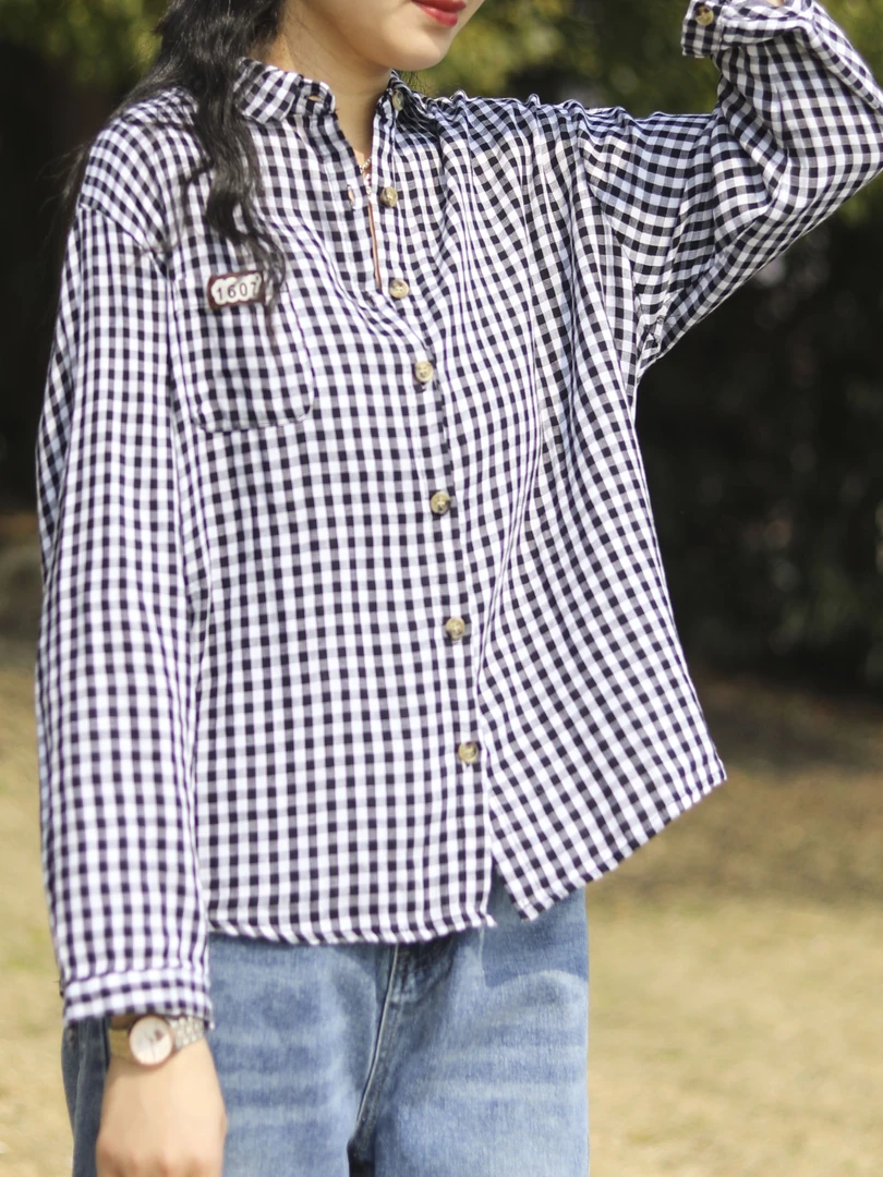 （浅笑） 格子宽松时尚甜美格子衬衫百搭上衣设计感长袖衬衣