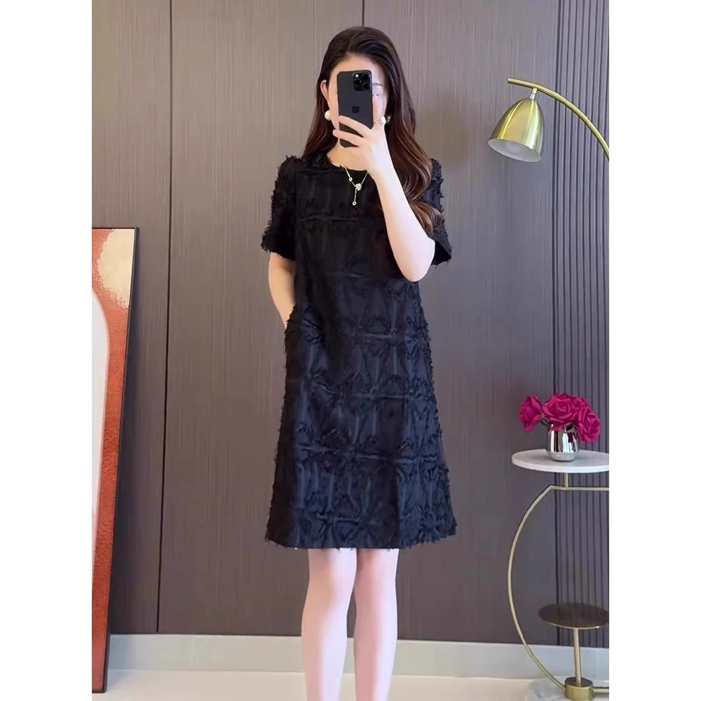 法式赫本风黑色休闲连衣裙女夏季胖mm显瘦宽松遮肚减龄泡泡袖裙子