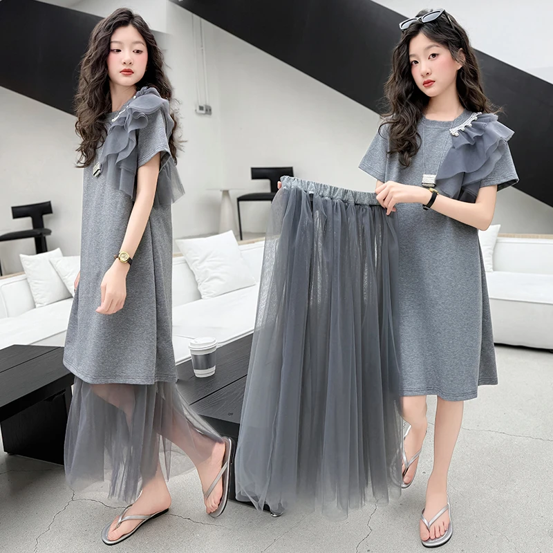 女童夏季新款洋气舒适叠穿网纱连衣裙套装6-12岁15中大童女孩套装