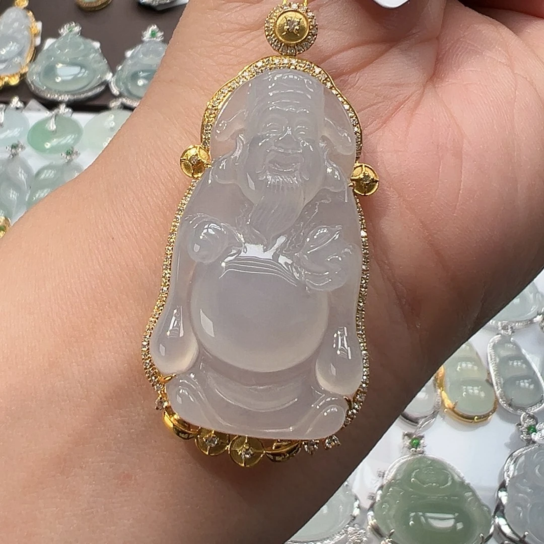 翡翠18K金镶嵌吊坠(不含链)财神爷