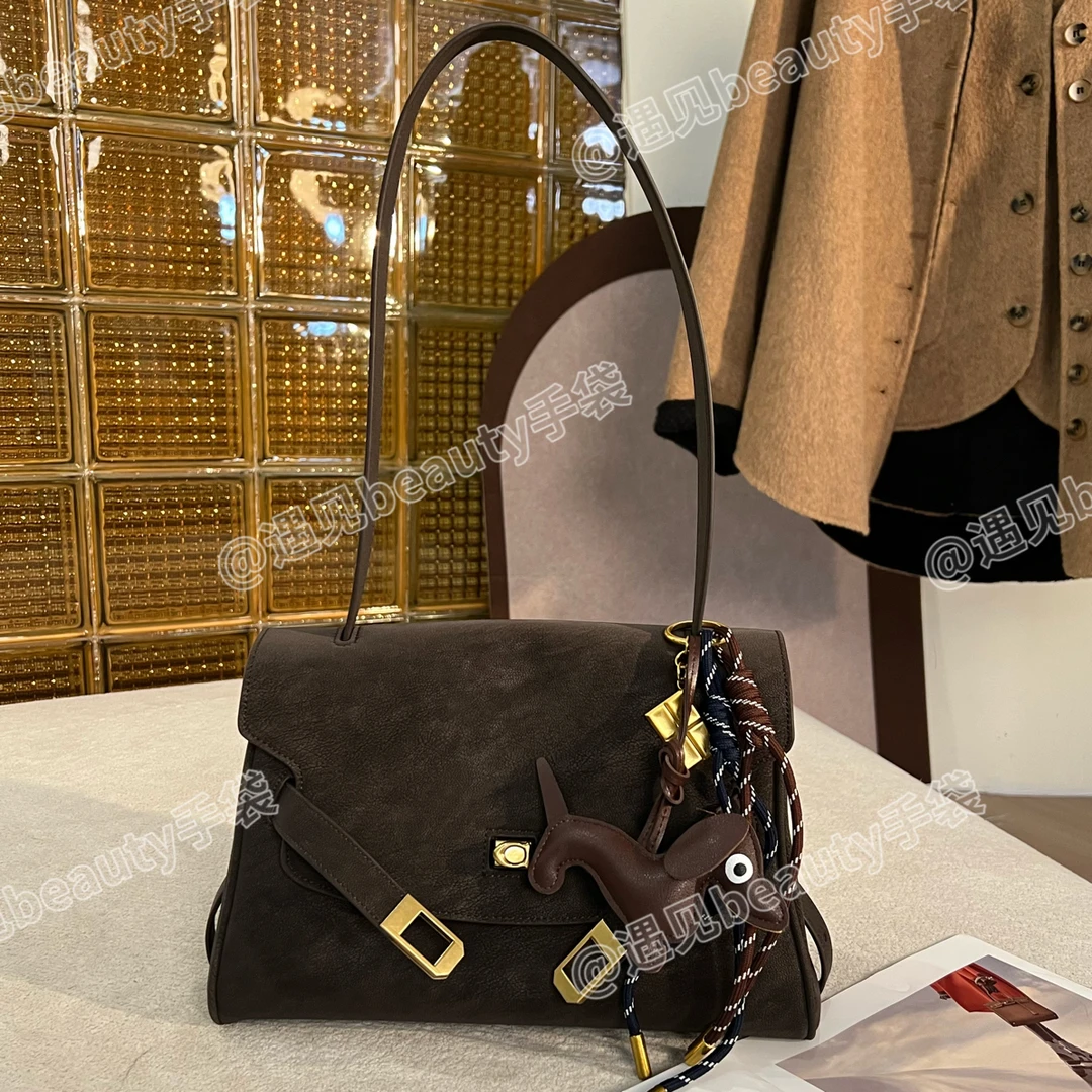 （凯莉骑士包）遇见新款复古擦色做旧真皮凯莉包锁扣高级单肩斜挎包