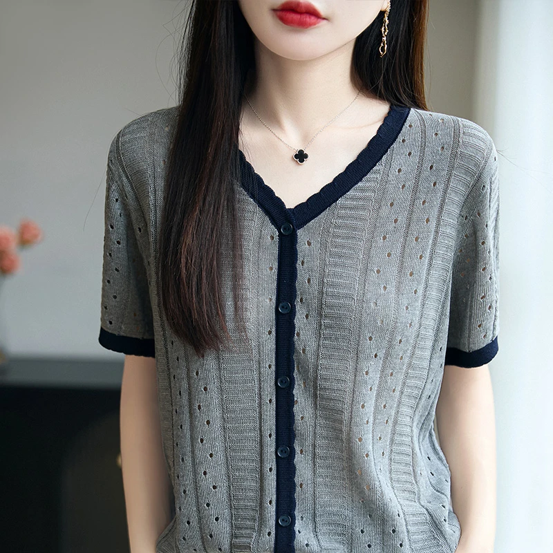 纹理丰富~~V领撞色镂空短袖T恤女夏季新款洋气亚麻针织上衣打底衫