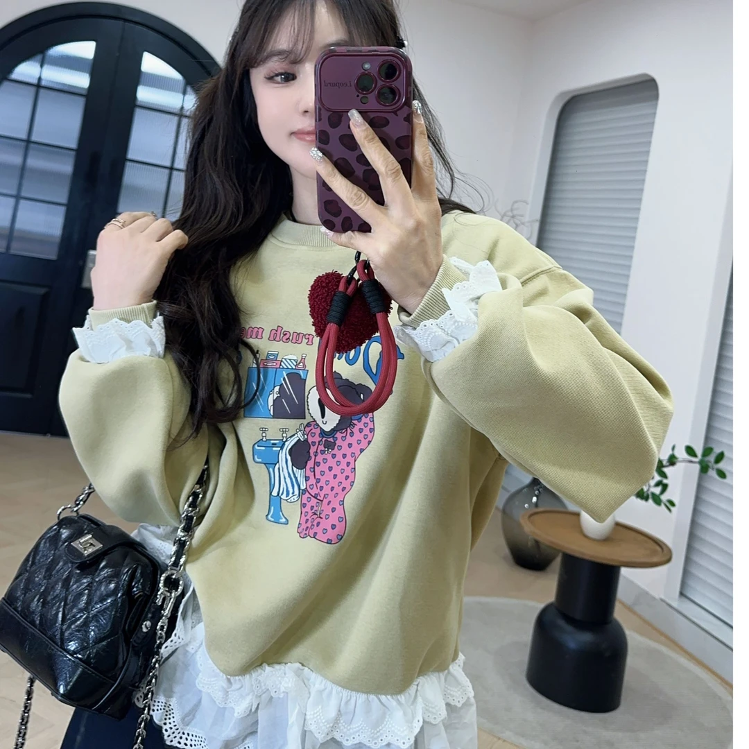 YX六WY20250214新款下摆蕾丝卫衣百搭韩版长袖