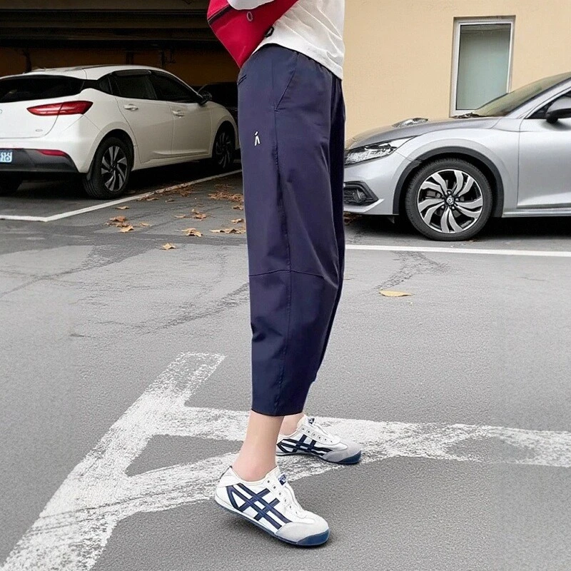 藏青色冰丝速干运动裤女夏季薄款大码宽松显瘦休闲八分九分萝卜裤