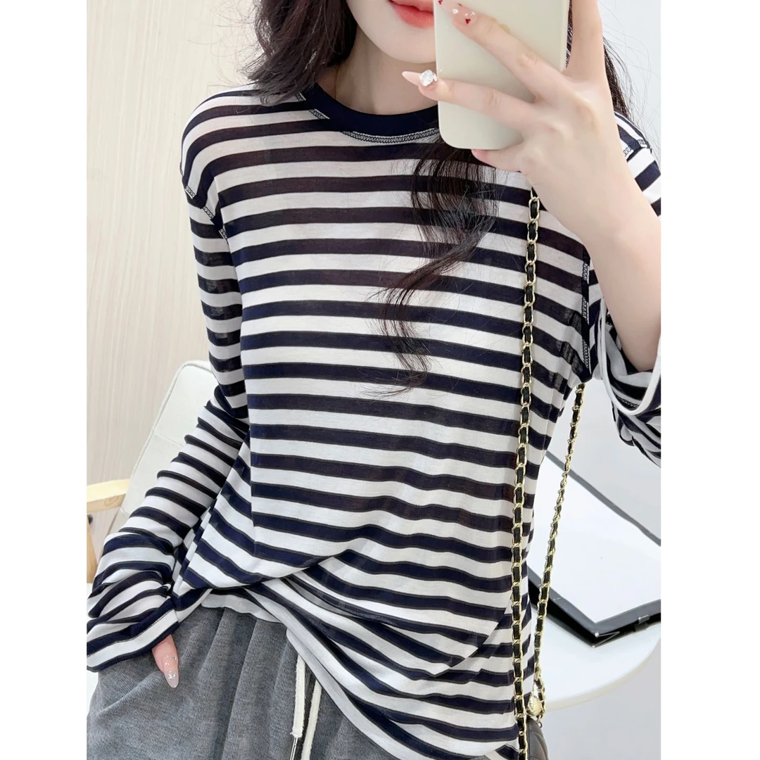 2025秋季新款时尚百搭复古条纹上衣长袖T恤休闲显瘦修身圆领上衣