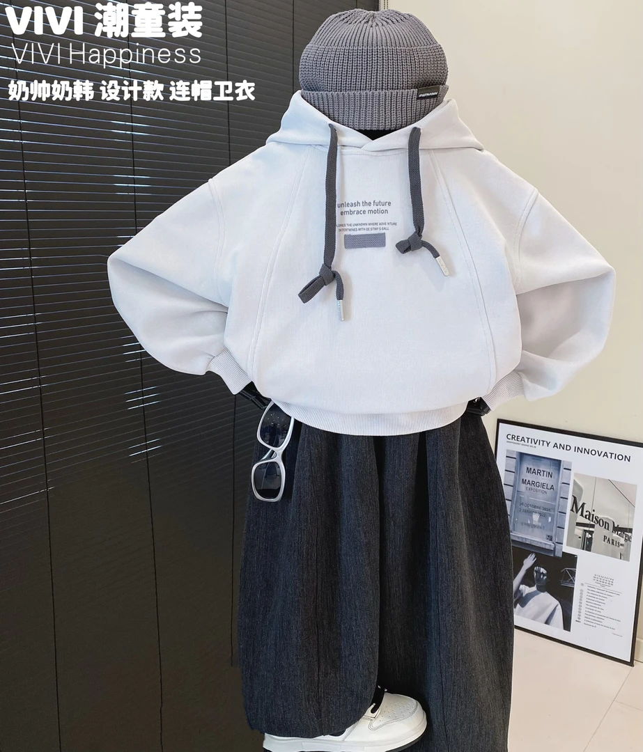 VIVI童装【香草味】2025秋冬亲子装中大童刺绣宽松奶杏色连帽卫衣