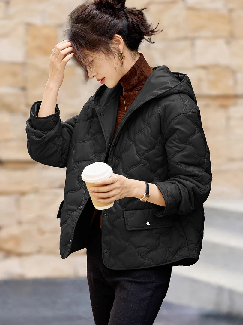 连帽摁扣轻薄棉服2025冬季轻薄廓形百搭保暖巨好看外套女