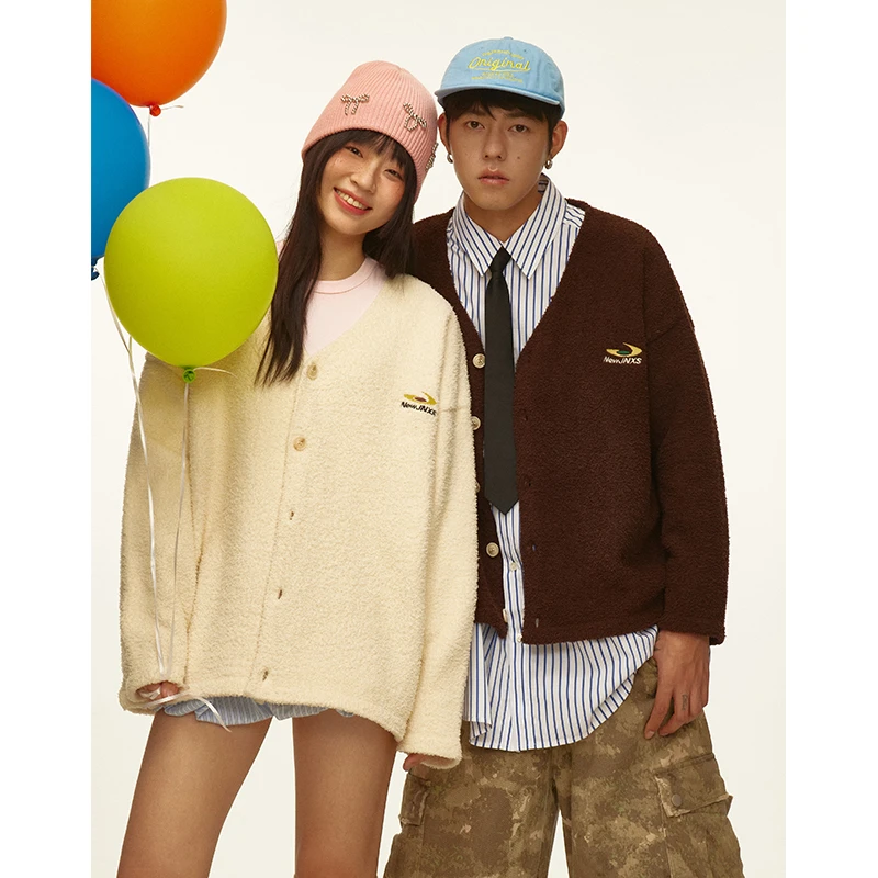 江南先生美式复古半边绒v领开衫毛衣冬季宽松休闲针织衫JN44B47