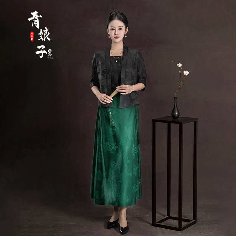 青娘子香云纱（倾禾）新中式提花花萝时尚气质复古百搭半身裙-60185