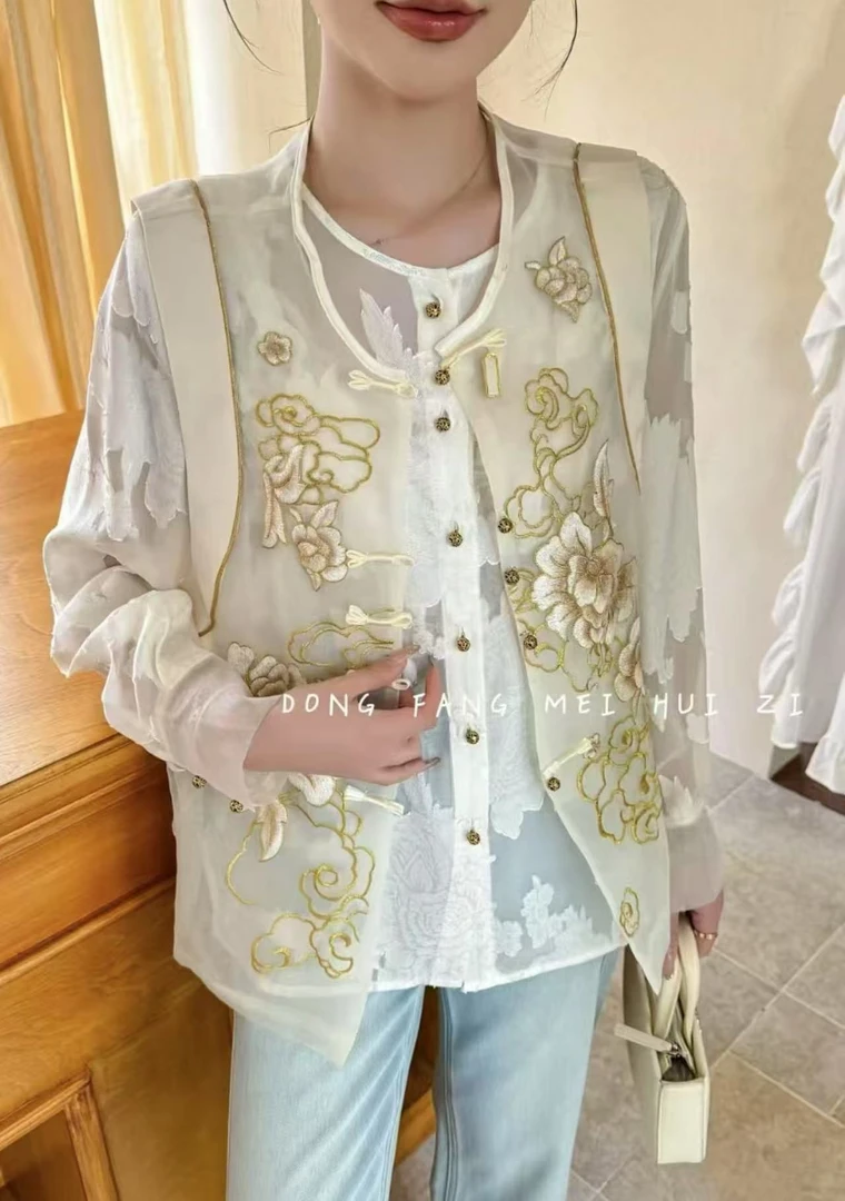 薄款女宽松型常规款刺绣常规马夹秋季白色中国风时尚（扣号链接）