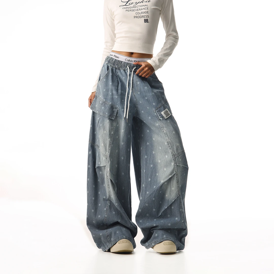 CTB啤酒队长美式条纹星星舞蹈休闲裤宽松阔腿裤拖地裤复古长裤