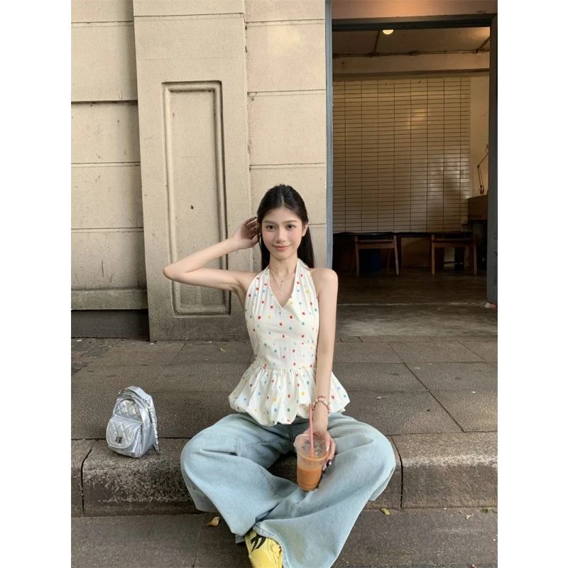 甜辣妹风波点V领挂脖吊带背心女装夏季修身显瘦挂脖上衣高级感