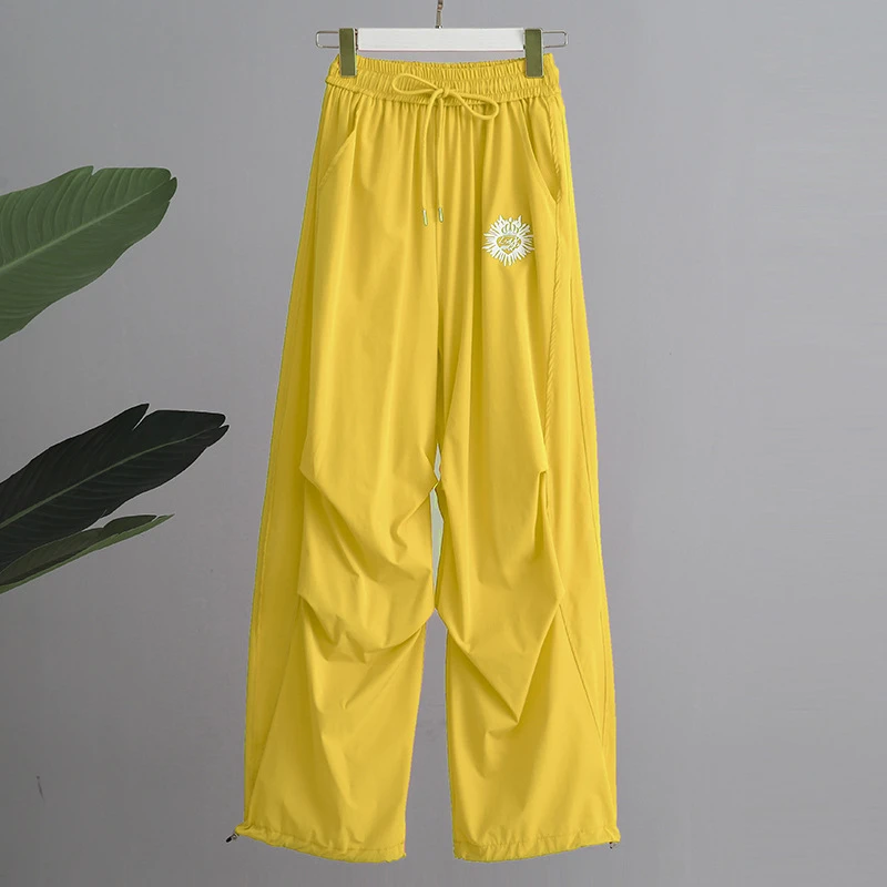 夏季新款宽松显瘦直筒休闲裤阔腿伞兵裤简约百舞蹈健身速干裤