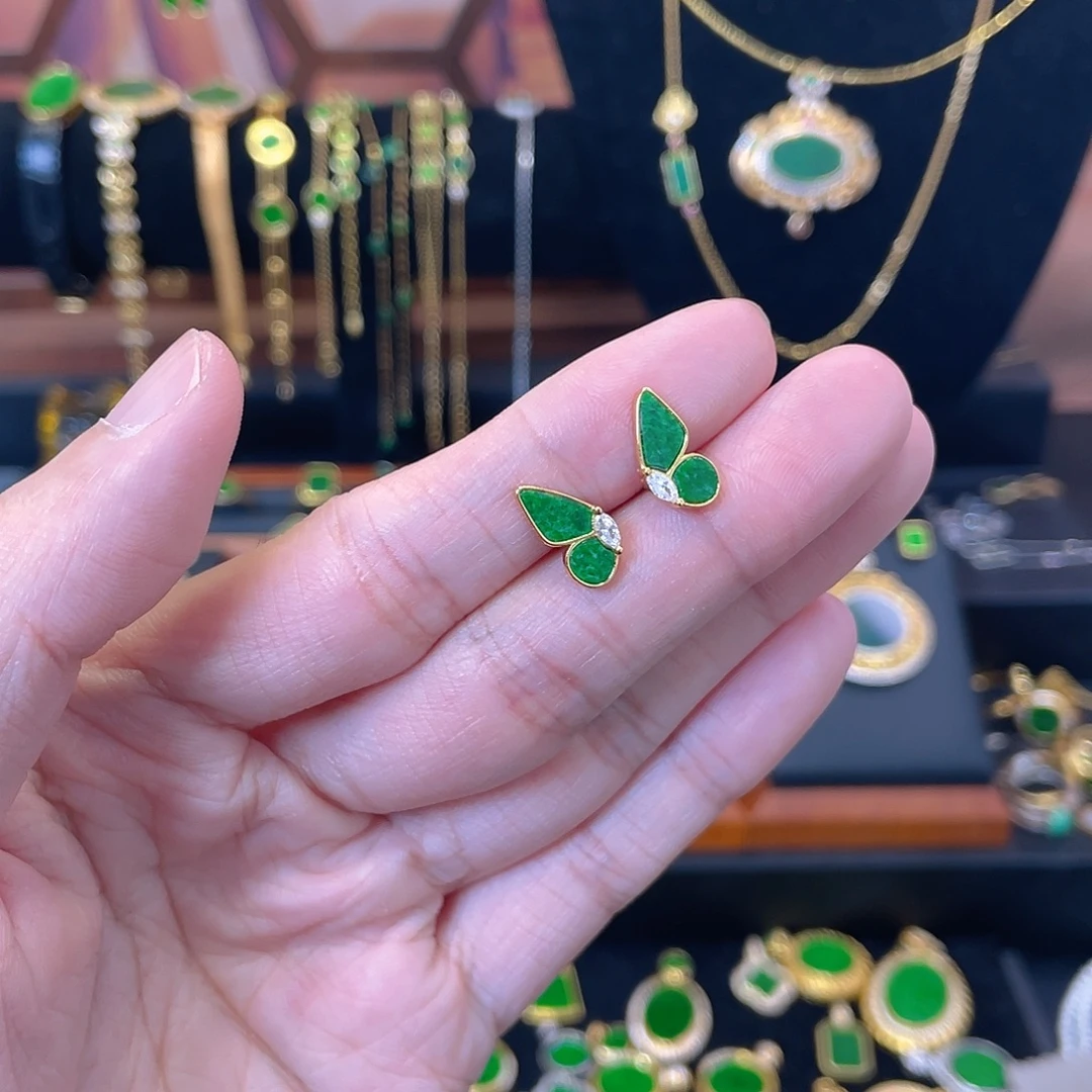 翡翠银S925镀金镶嵌耳饰