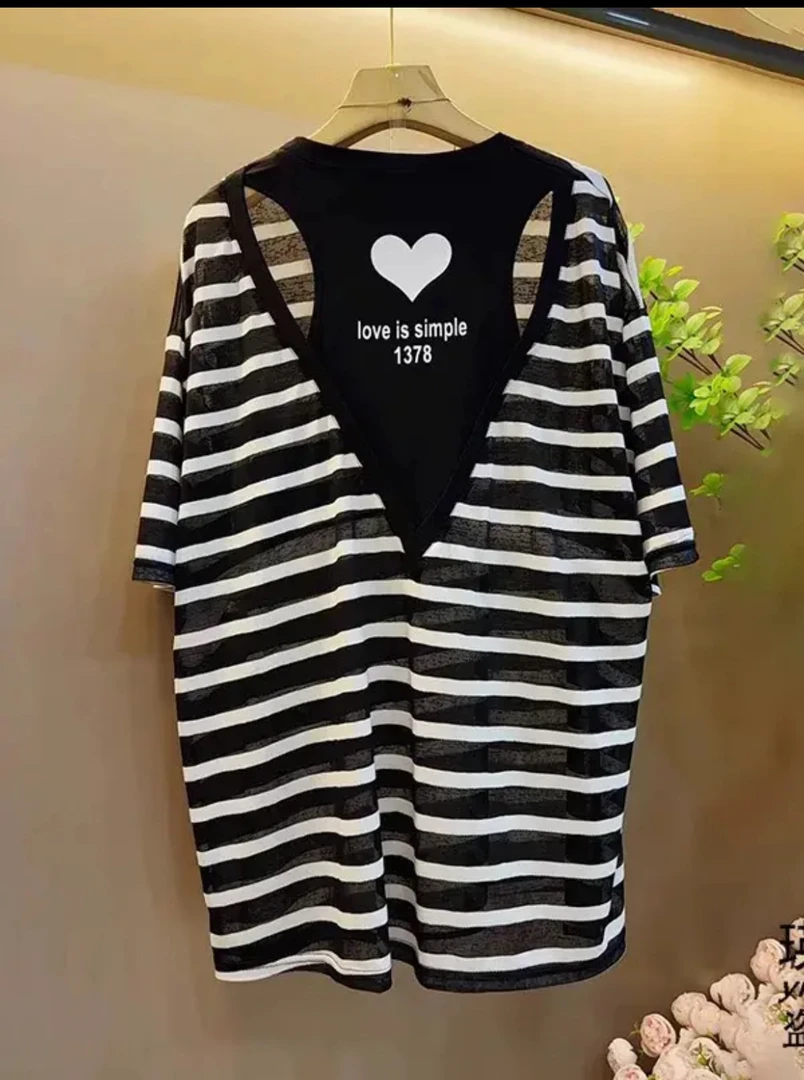 EG大码胖妹妹条纹时尚休闲百搭显瘦韩版镂空露背小心机短袖828