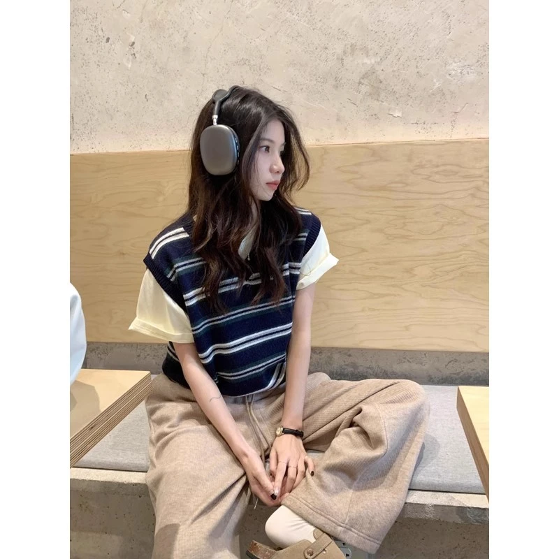 撞色条纹V领针织马甲背心女韩版无袖学院叠穿马甲ins减龄针织衫春