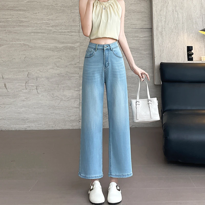 浅蓝薄款高腰九分牛仔裤女2025夏季小个子时尚弹力直筒阔腿裤八分