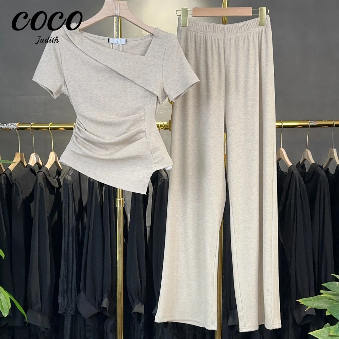 【RG7081】2025新款夏季法式松弛感气质休闲减龄显瘦蓝杏色褶皱套装