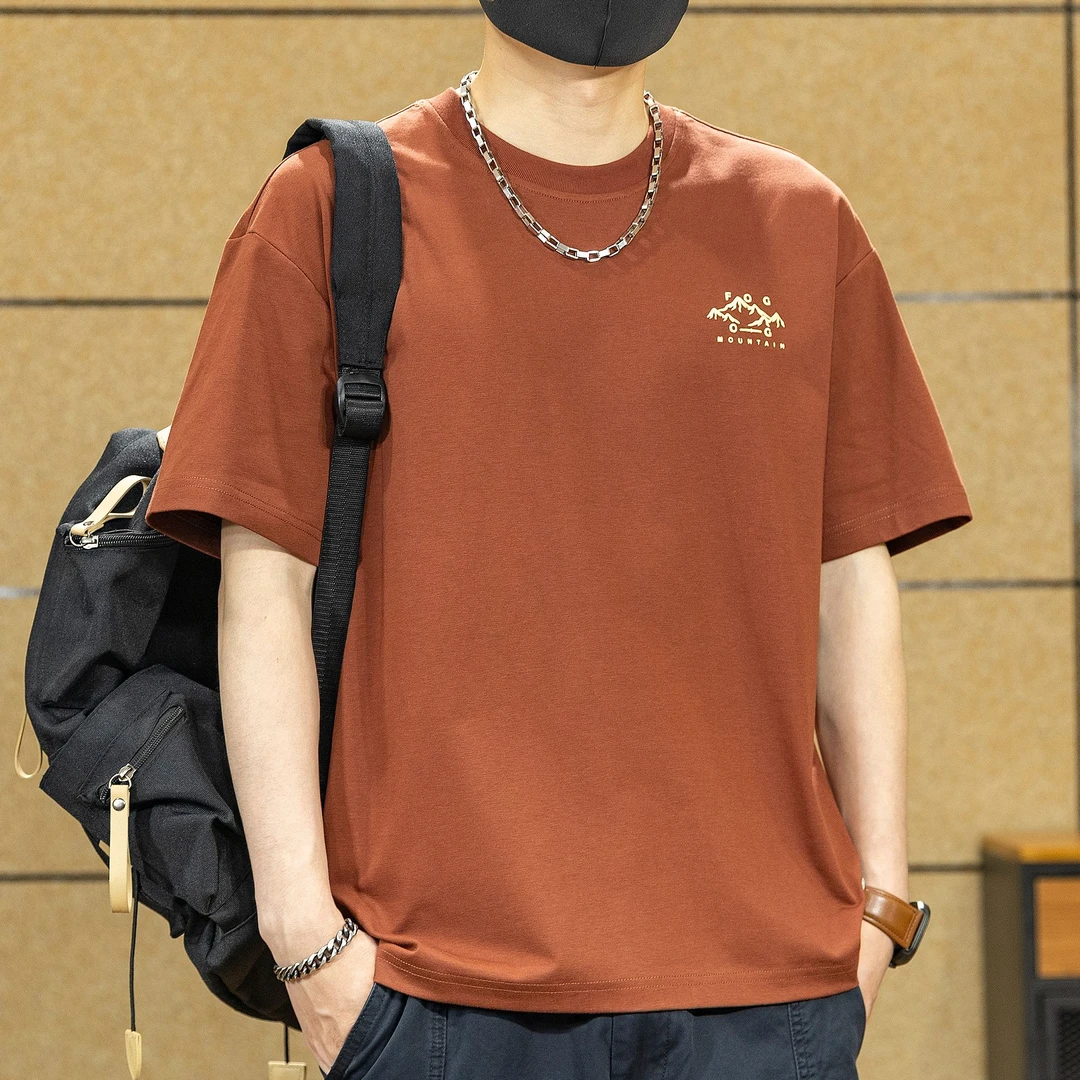 高端印花重磅245g短袖t恤男款夏季新款潮牌宽松复古酒红色体恤衫T