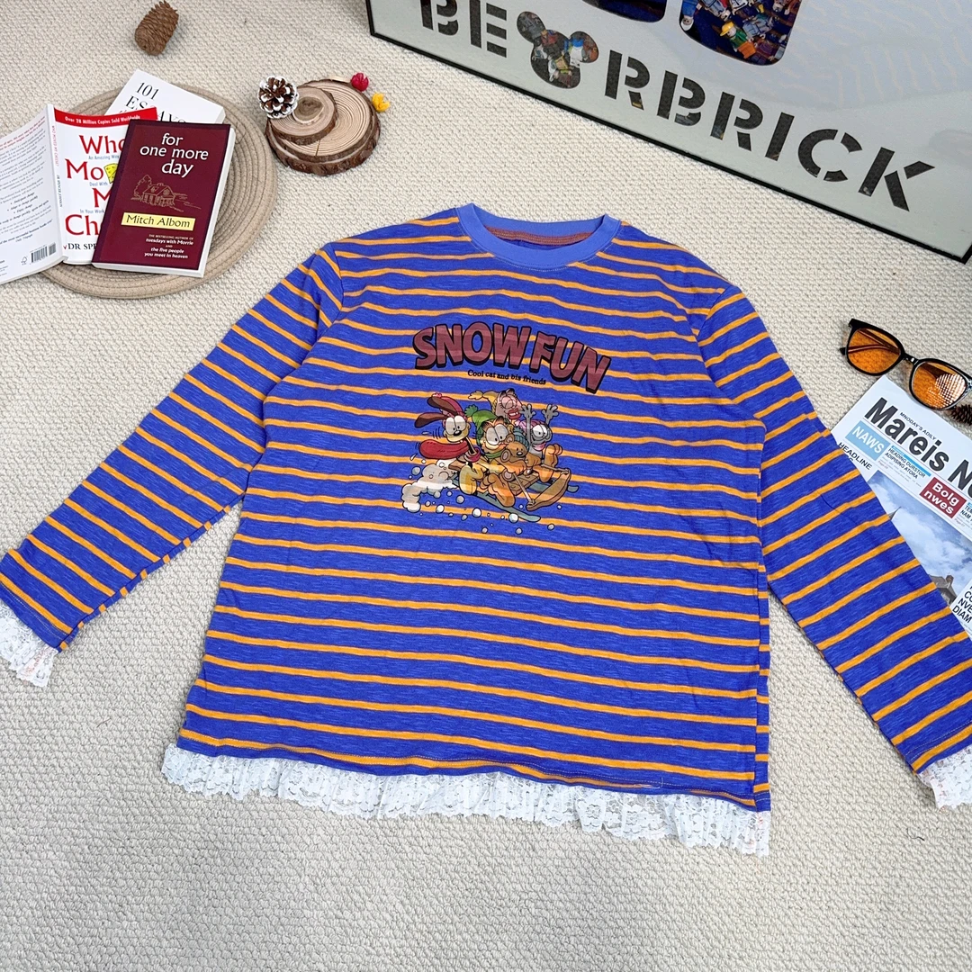 2025早春新款休闲时尚百搭条纹拼蕾丝打底长袖T恤8867