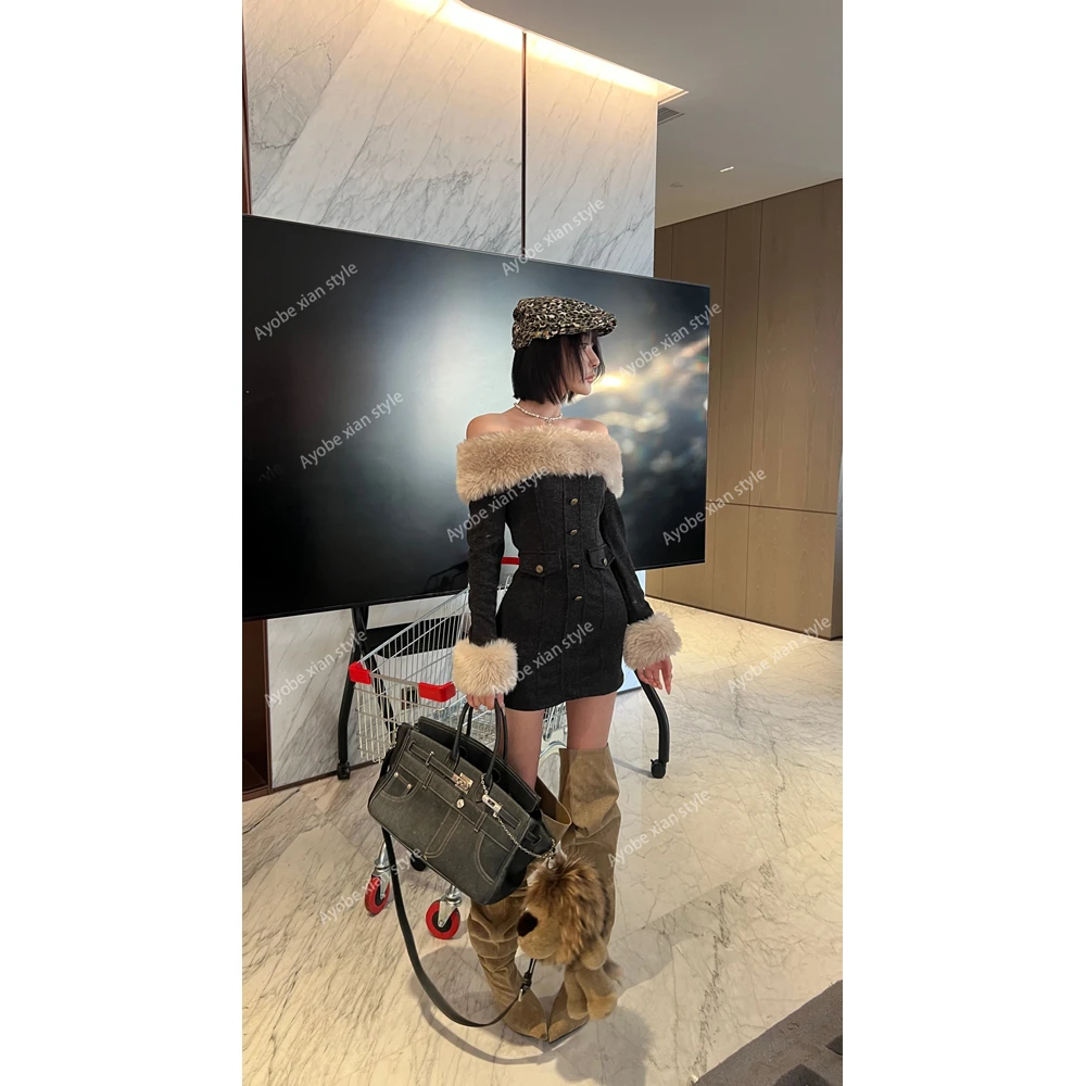 【AYOBE】小贤    财阀千金设计感毛领拼接针织裙