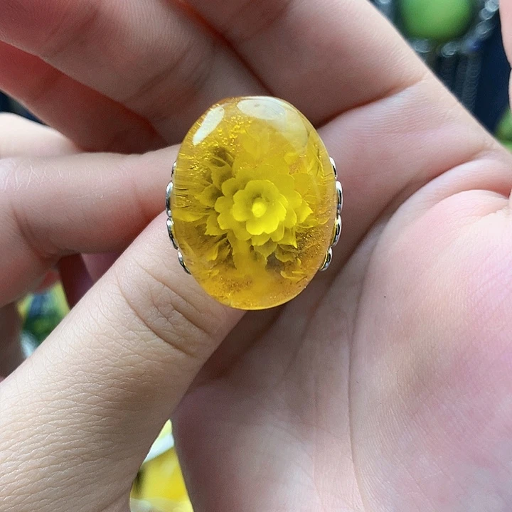琥珀裸石银S925镶嵌戒指