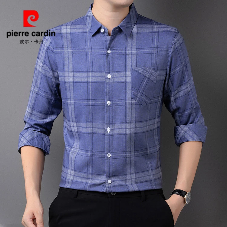 皮尔卡丹秋装新款格子长袖衬衫男春秋季新款免烫翻领中年衬衣男装