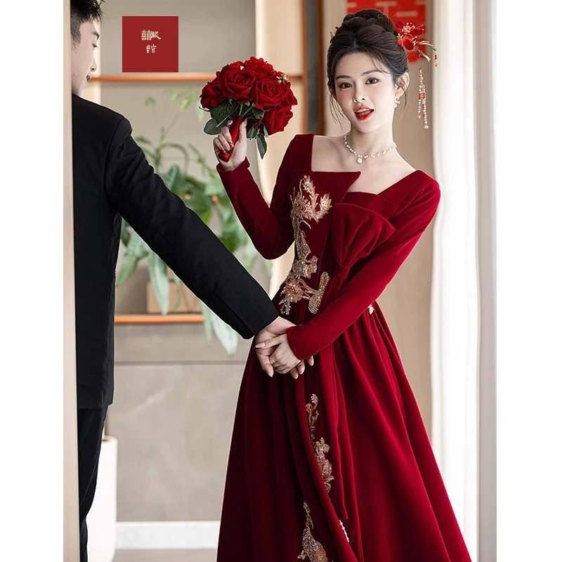 新娘春季高级感红色结婚便装回门订婚礼服显瘦连衣裙新中式长袖