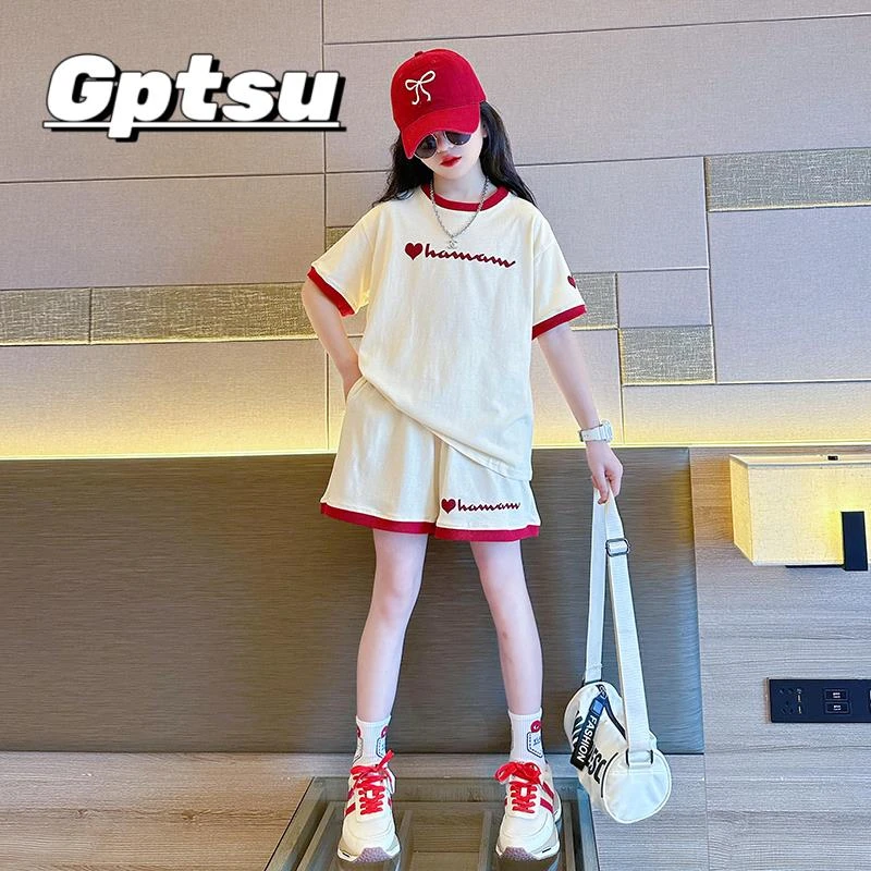 GPTSu女童夏装运动休闲两件套时尚女孩套装夏季2025新款短袖短裤