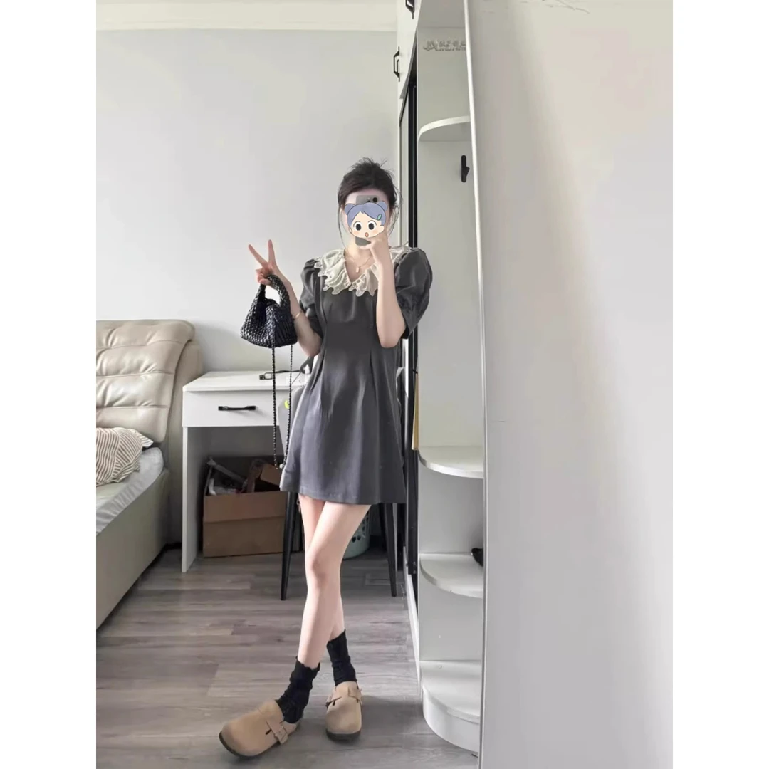 复古娃娃领休闲裙子女夏装大码胖mm收腰显瘦减龄气质灰色连衣裙女