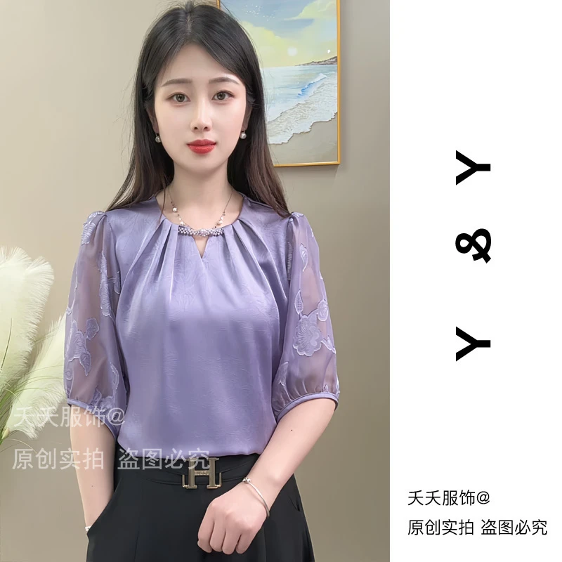 2025春夏新款百搭时尚五分袖衬衫女洋气上衣休闲小衫衬衣宽松显瘦