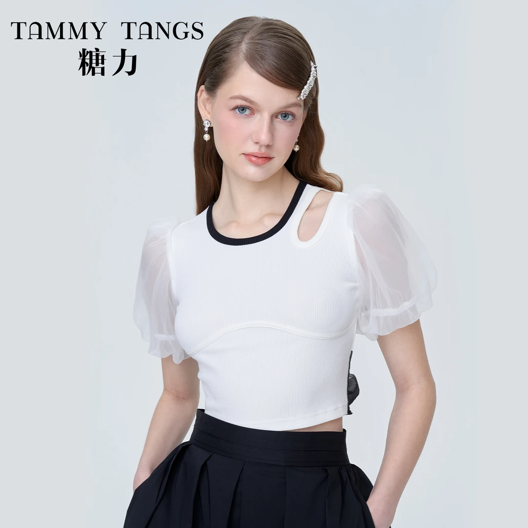【芋总专属】糖力泡泡纱袖后背蝴蝶结绑带针织T恤女挖肩短款上衣