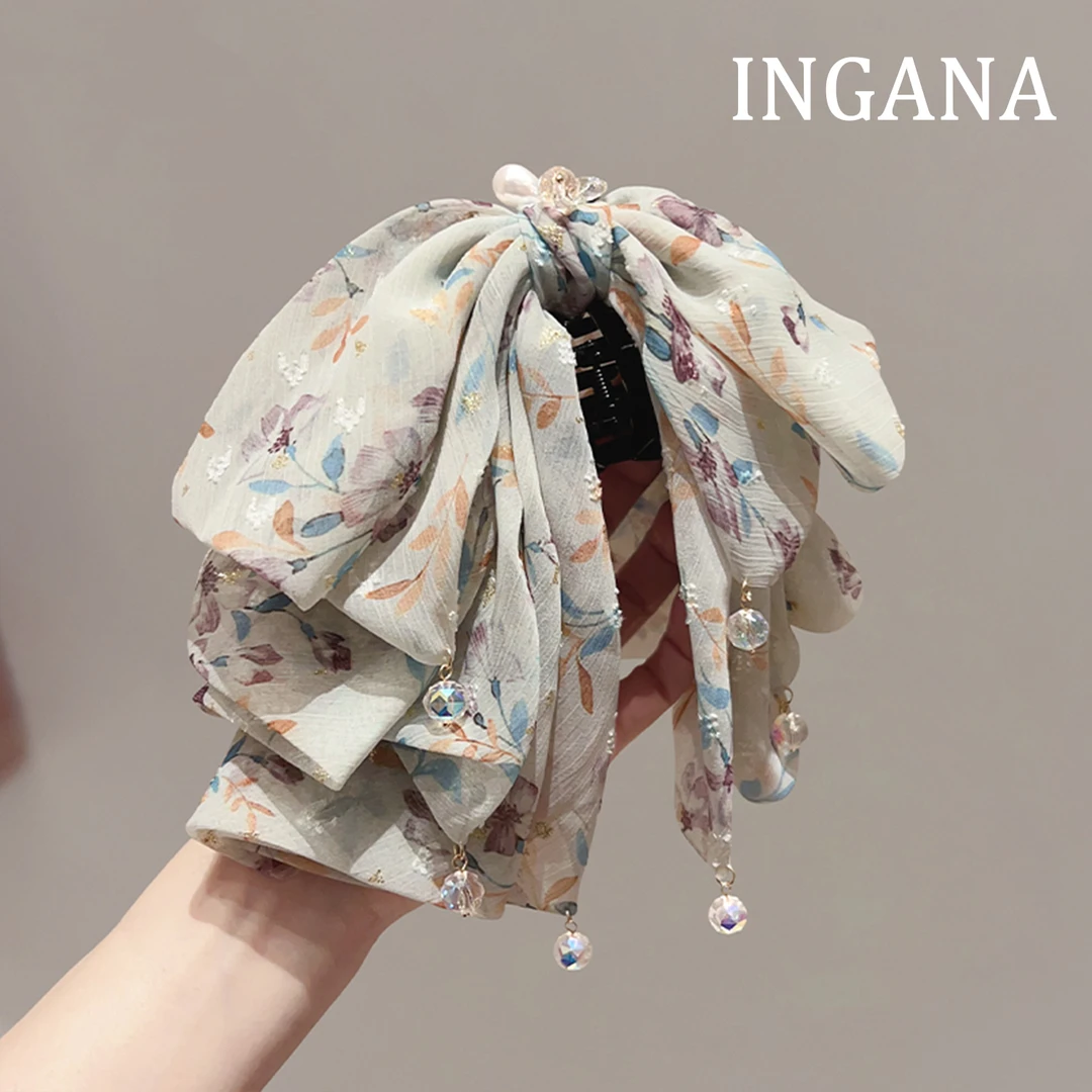 时尚多层蝴蝶结碎花马尾夹印花吊坠气质发夹后脑勺半扎发夹显发量