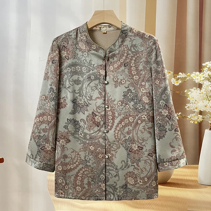 老年人妈妈夏季衬衫唐装奶奶夏装七分袖国风衬衣60-70-80岁老太太