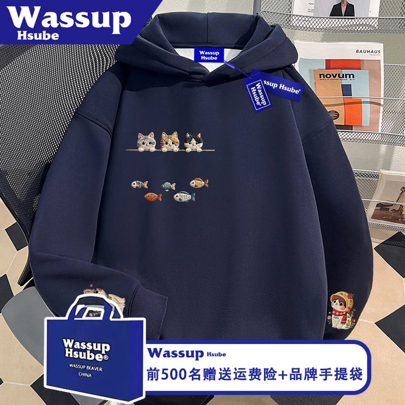 WASSUP HSUBE可爱小猫印花慵懒男女款上衣秋季藏青色潮酷连帽卫衣