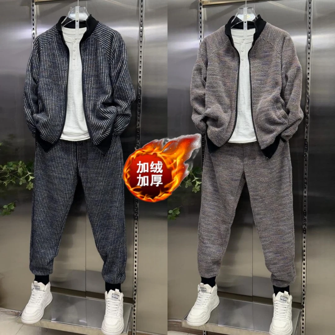 加绒加厚男士休闲两件套保暖显瘦秋冬爆款套装高品质百搭一整套