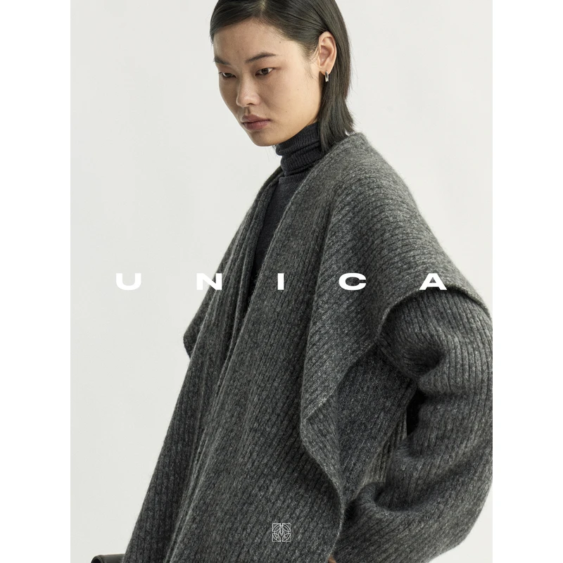 UNICA/多穿法可拆卸披肩围巾领_羊绒丝光羊毛廓形感针织开衫